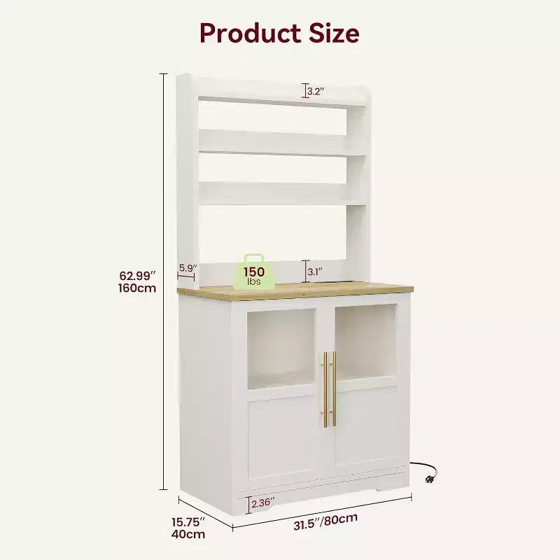 Étagère de cuisson à 6 niveaux avec prise de courant et rangement, armoire de cuisine haute de 160 cm en bois, avec portes et plan de travail épaissi pour bar à café, micro-ondes