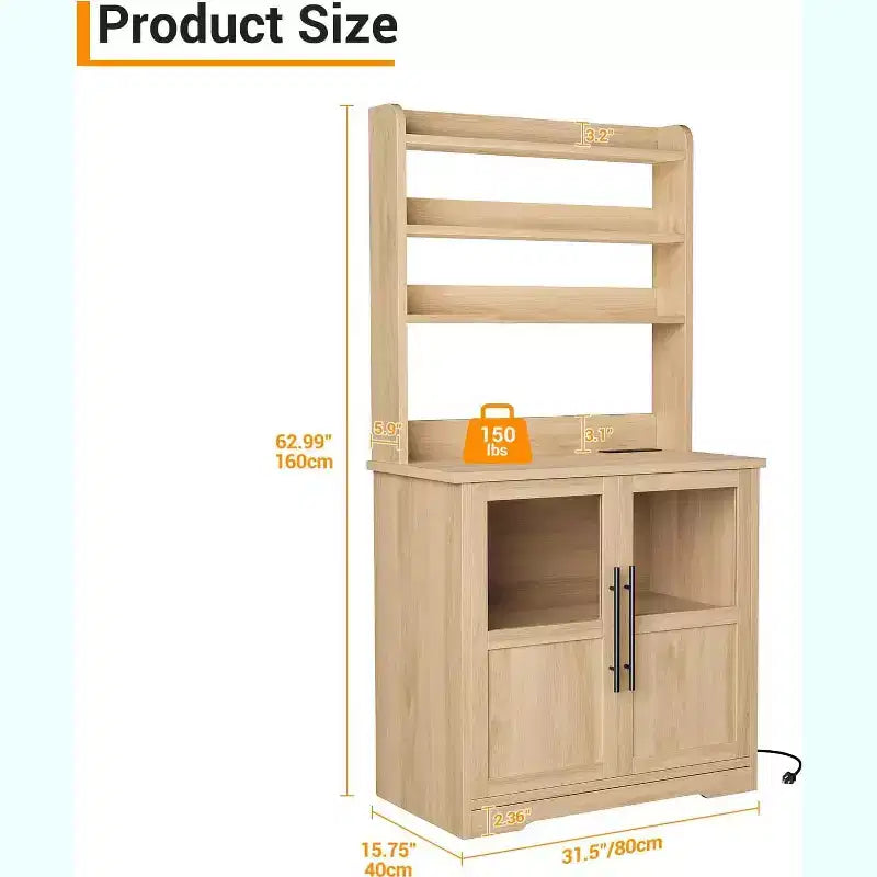 Étagère de cuisson à 6 niveaux avec prise de courant et rangement, armoire de cuisine haute de 160 cm en bois, avec portes et plan de travail épaissi pour bar à café, micro-ondes
