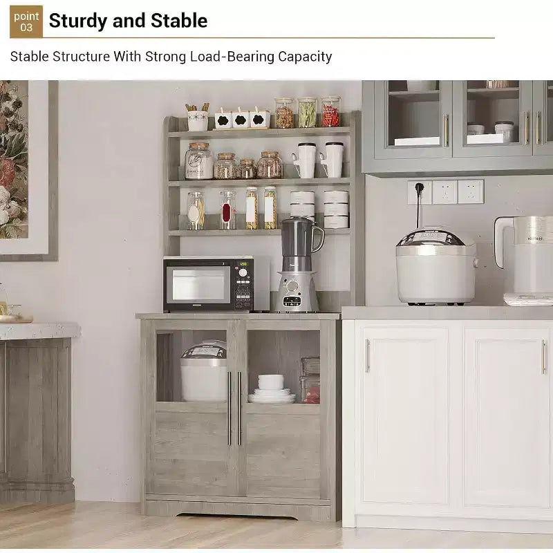 Étagère de cuisson à 6 niveaux avec prise de courant et rangement, armoire de cuisine haute de 160 cm en bois, avec portes et plan de travail épaissi pour bar à café, micro-ondes