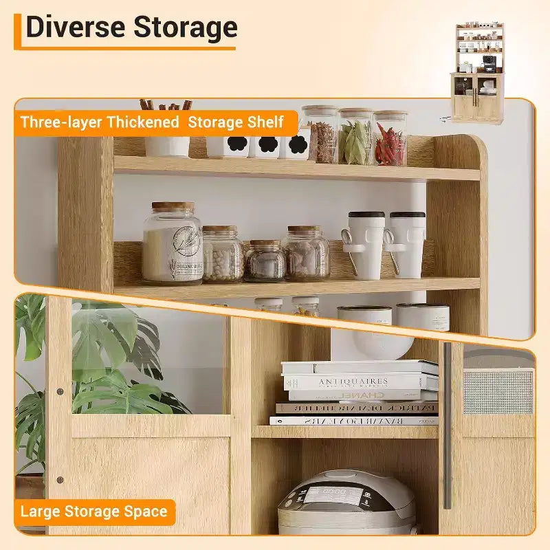 Étagère de cuisson à 6 niveaux avec prise de courant et rangement, armoire de cuisine haute de 160 cm en bois, avec portes et plan de travail épaissi pour bar à café, micro-ondes
