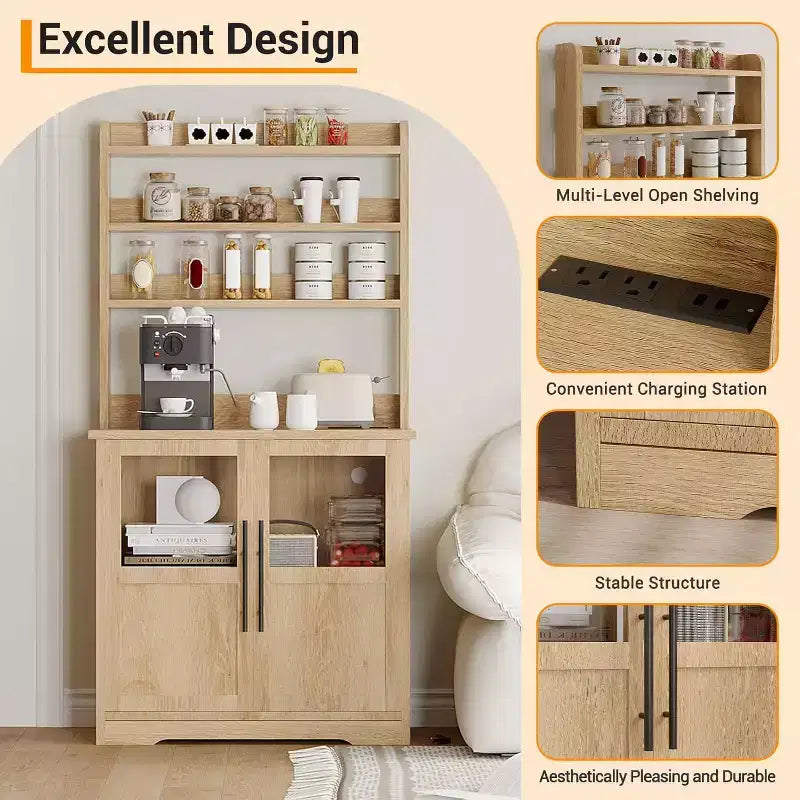 Étagère de cuisson à 6 niveaux avec prise de courant et rangement, armoire de cuisine haute de 160 cm en bois, avec portes et plan de travail épaissi pour bar à café, micro-ondes