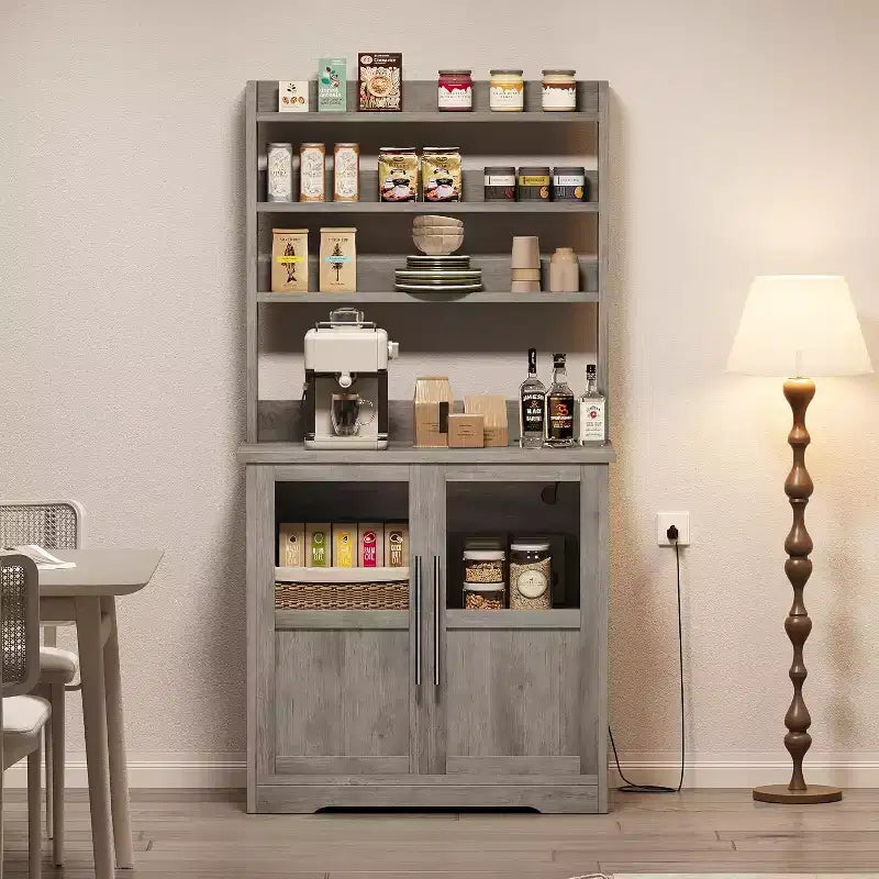 Étagère de cuisson à 6 niveaux avec prise de courant et rangement, armoire de cuisine haute de 160 cm en bois, avec portes et plan de travail épaissi pour bar à café, micro-ondes