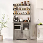 Étagère de cuisson à 6 niveaux avec prise de courant et rangement, armoire de cuisine haute de 160 cm en bois, avec portes et plan de travail épaissi pour bar à café, micro-ondes
