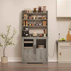 Étagère de cuisson à 6 niveaux avec prise de courant et rangement, armoire de cuisine haute de 160 cm en bois, avec portes et plan de travail épaissi pour bar à café, micro-ondes
