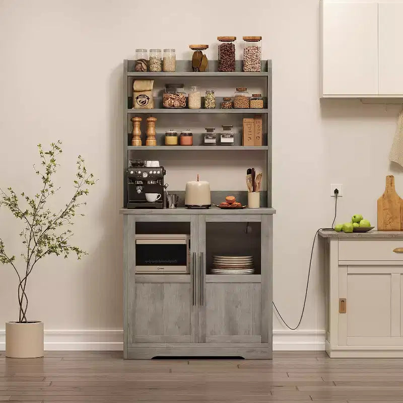 Étagère de cuisson à 6 niveaux avec prise de courant et rangement, armoire de cuisine haute de 160 cm en bois, avec portes et plan de travail épaissi pour bar à café, micro-ondes