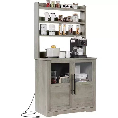 6 Tier Baking Shelf with Power Outlet with Storage,63'' Tall Wood Kitchen Hutch,with Doors and Thickened Countertop for Coffee Bar, Microwave