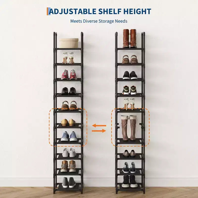 Organisateur de rangement à chaussures étroit à 10 niveaux, étagère à chaussures verticale peu encombrante avec cadre en métal et étagères en tissu pour entrée ou chambre à coucher, noir