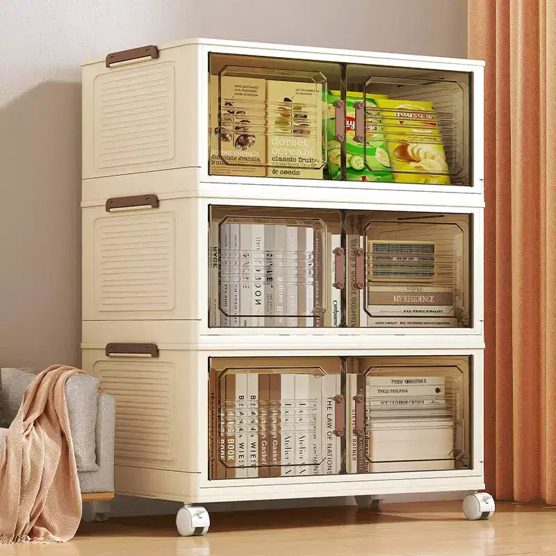 AEELLEEA Boîtes de rangement empilables et pliables, meuble de rangement pliable avec portes et roulettes, organiseur de placard pour appartement, maison, dortoir, bureau