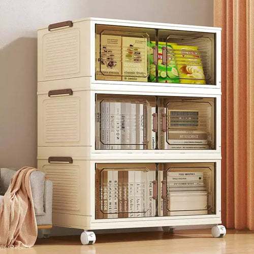 AEELLEEA Boîtes de rangement empilables et pliables, meuble de rangement pliable avec portes et roulettes, organiseur de placard pour appartement, maison, dortoir, bureau
