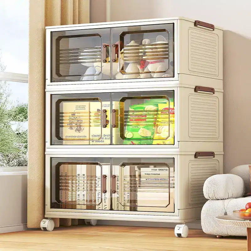 AEELLEEA Boîtes de rangement empilables et pliables, meuble de rangement pliable avec portes et roulettes, organiseur de placard pour appartement, maison, dortoir, bureau