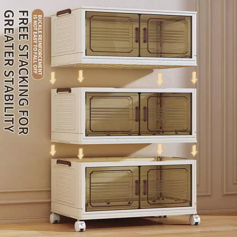 AEELLEEA Boîtes de rangement empilables et pliables, meuble de rangement pliable avec portes et roulettes, organiseur de placard pour appartement, maison, dortoir, bureau