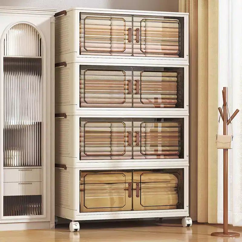 AEELLEEA Boîtes de rangement empilables et pliables, meuble de rangement pliable avec portes et roulettes, organiseur de placard pour appartement, maison, dortoir, bureau