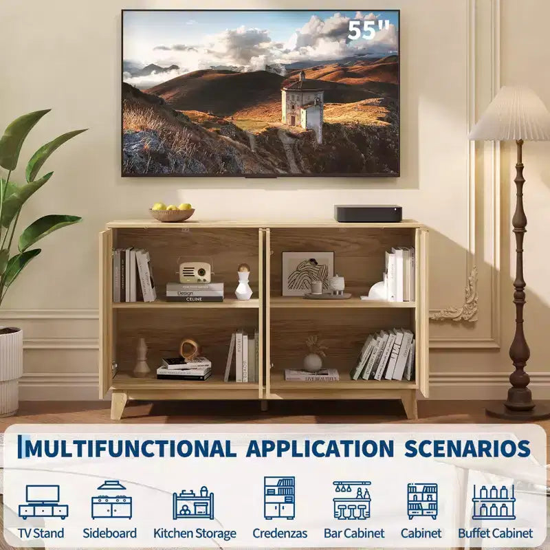 Meuble TV cannelé moderne, buffet, 4 portes, meuble de rangement avec grands placards de rangement, pour chambre à coucher, cuisine, bar à café