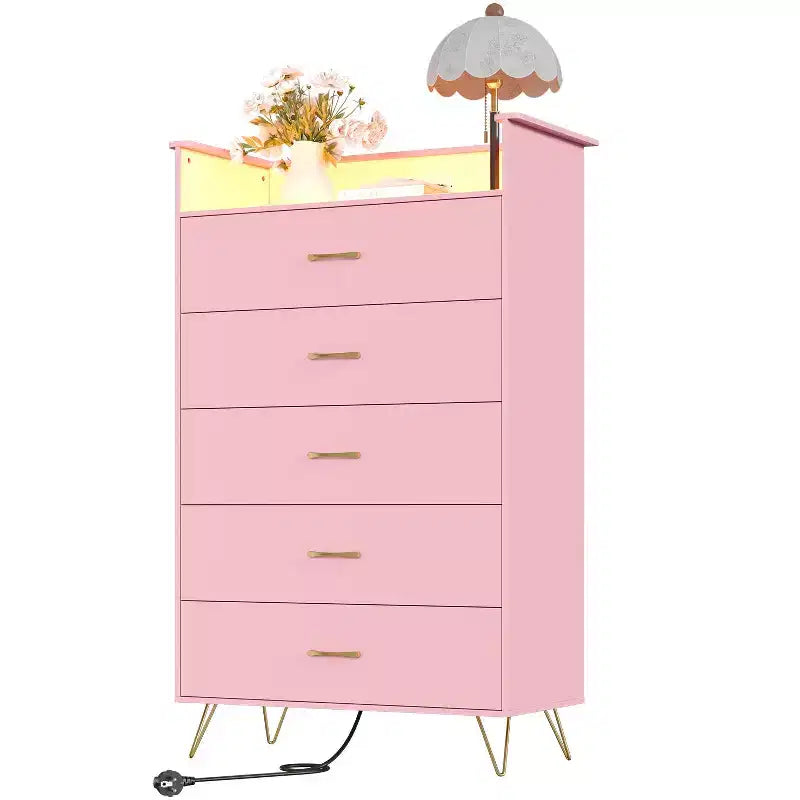 Commode haute moderne à 5 tiroirs - Commode en bois, glissières silencieuses - Armoire de rangement spacieuse pour chambre à coucher, robuste anti-basculement