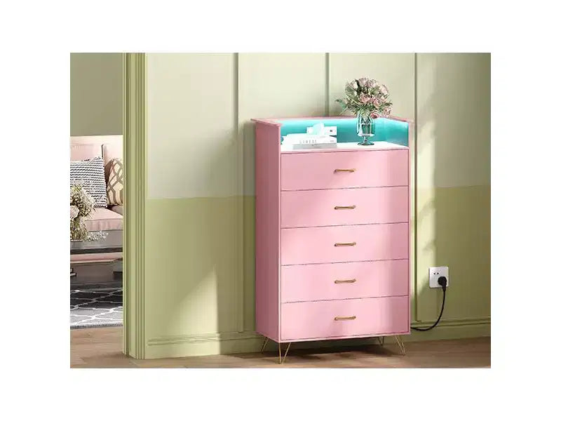 Commode haute moderne à 5 tiroirs - Commode en bois, glissières silencieuses - Armoire de rangement spacieuse pour chambre à coucher, robuste anti-basculement