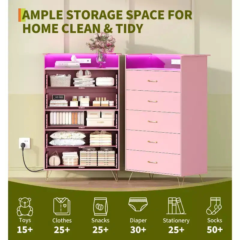 Commode haute moderne à 5 tiroirs - Commode en bois, glissières silencieuses - Armoire de rangement spacieuse pour chambre à coucher, robuste anti-basculement