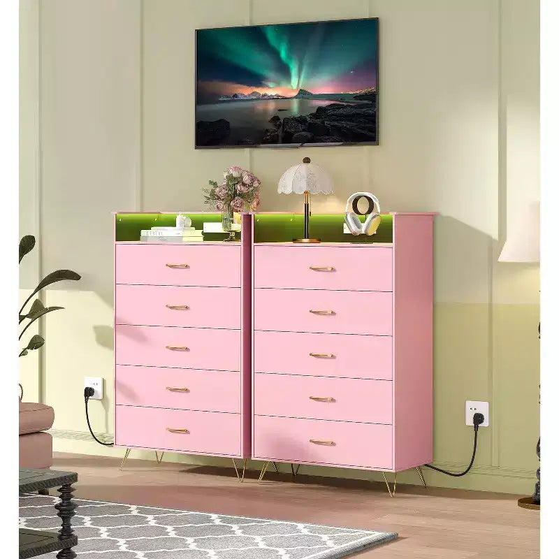 Commode haute moderne à 5 tiroirs - Commode en bois, glissières silencieuses - Armoire de rangement spacieuse pour chambre à coucher, robuste anti-basculement