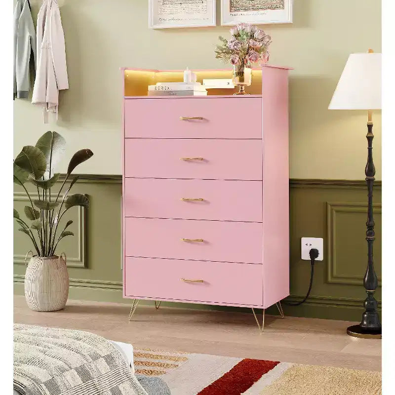 Commode haute moderne à 5 tiroirs - Commode en bois, glissières silencieuses - Armoire de rangement spacieuse pour chambre à coucher, robuste anti-basculement