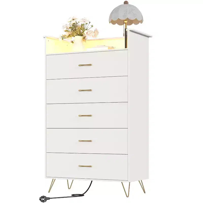 Commode haute moderne à 5 tiroirs - Commode en bois, glissières silencieuses - Armoire de rangement spacieuse pour chambre à coucher, robuste anti-basculement
