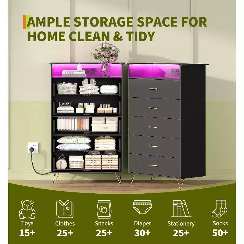 Commode haute moderne à 5 tiroirs - Commode en bois, glissières silencieuses - Armoire de rangement spacieuse pour chambre à coucher, robuste anti-basculement