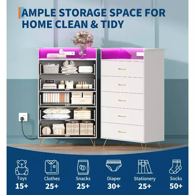 Commode haute moderne à 5 tiroirs - Commode en bois, glissières silencieuses - Armoire de rangement spacieuse pour chambre à coucher, robuste anti-basculement