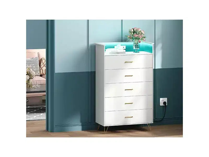 Commode haute moderne à 5 tiroirs - Commode en bois, glissières silencieuses - Armoire de rangement spacieuse pour chambre à coucher, robuste anti-basculement