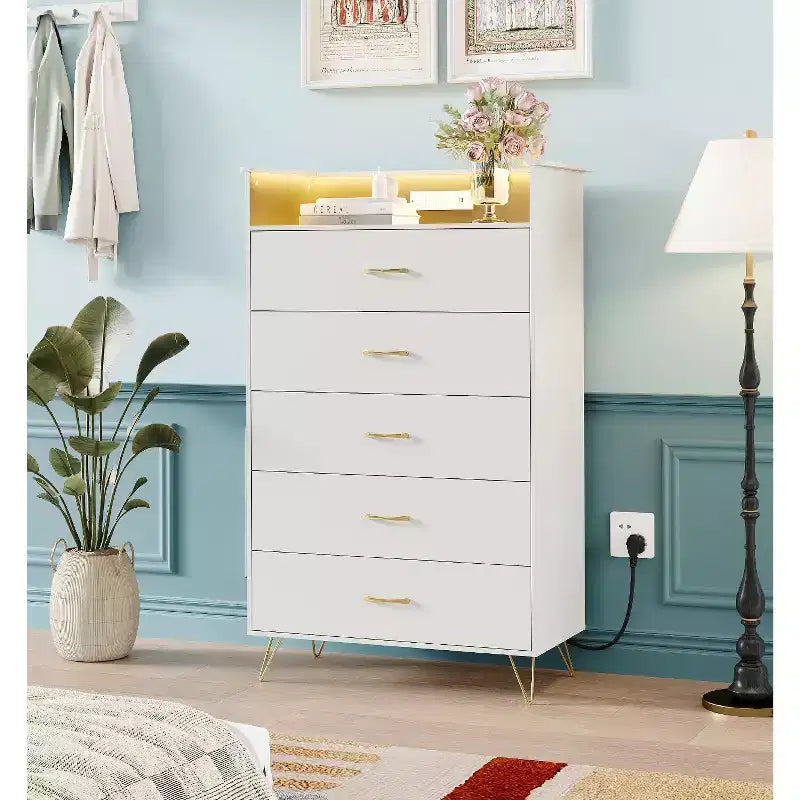 Commode haute moderne à 5 tiroirs - Commode en bois, glissières silencieuses - Armoire de rangement spacieuse pour chambre à coucher, robuste anti-basculement