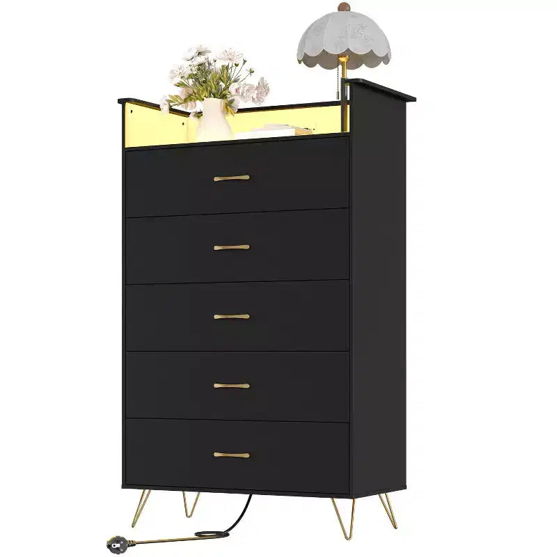 Commode haute moderne à 5 tiroirs - Commode en bois, glissières silencieuses - Armoire de rangement spacieuse pour chambre à coucher, robuste anti-basculement