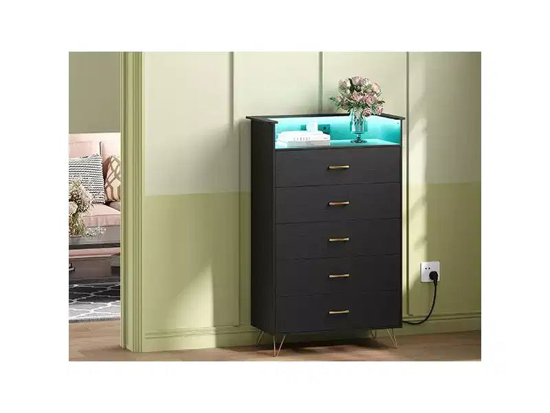 Commode haute moderne à 5 tiroirs - Commode en bois, glissières silencieuses - Armoire de rangement spacieuse pour chambre à coucher, robuste anti-basculement