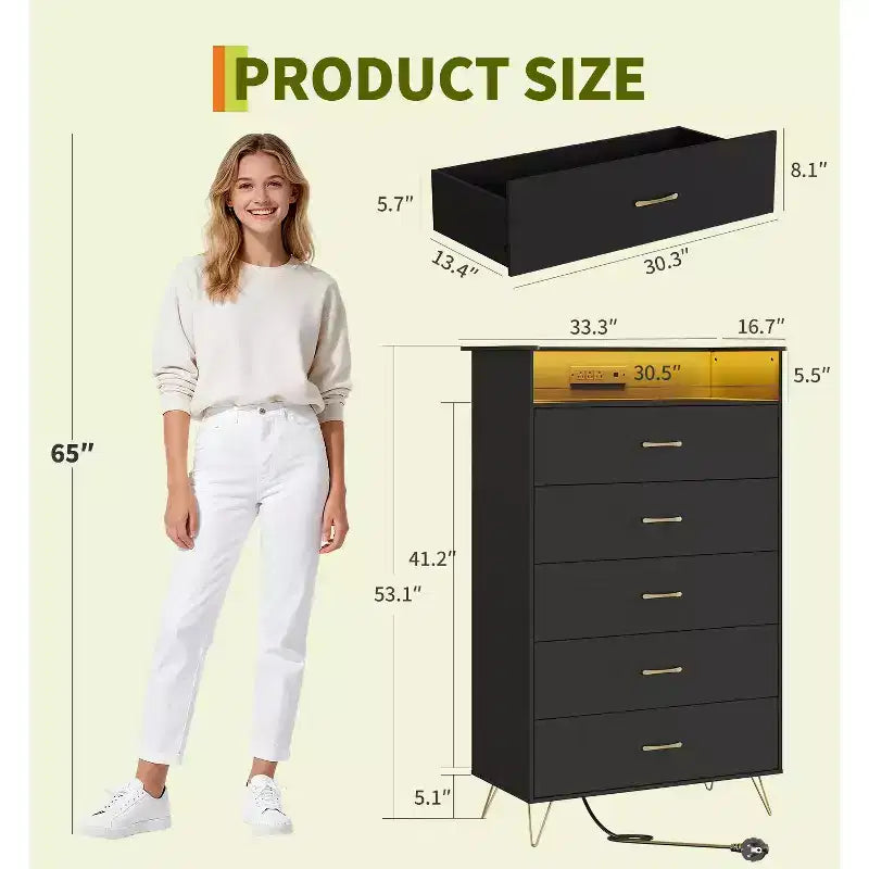 Commode haute moderne à 5 tiroirs - Commode en bois, glissières silencieuses - Armoire de rangement spacieuse pour chambre à coucher, robuste anti-basculement