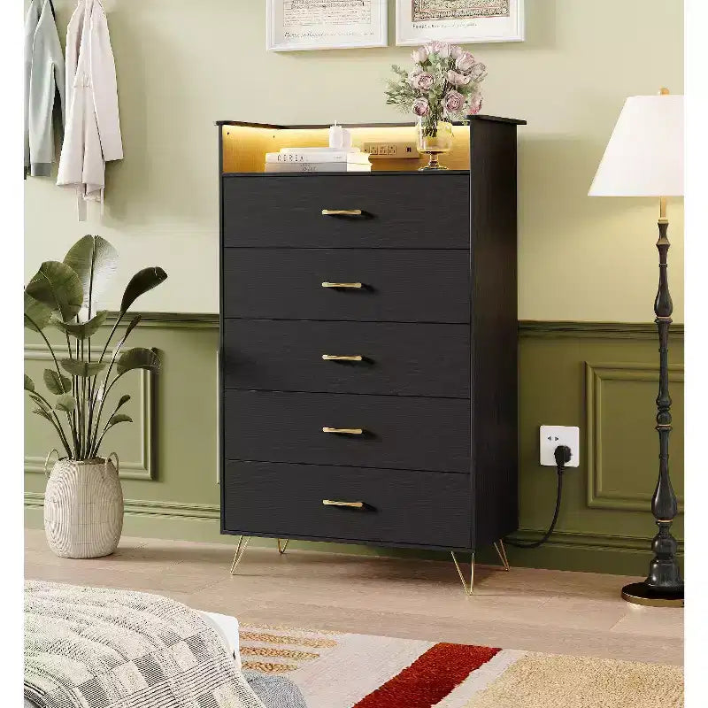 Commode haute moderne à 5 tiroirs - Commode en bois, glissières silencieuses - Armoire de rangement spacieuse pour chambre à coucher, robuste anti-basculement