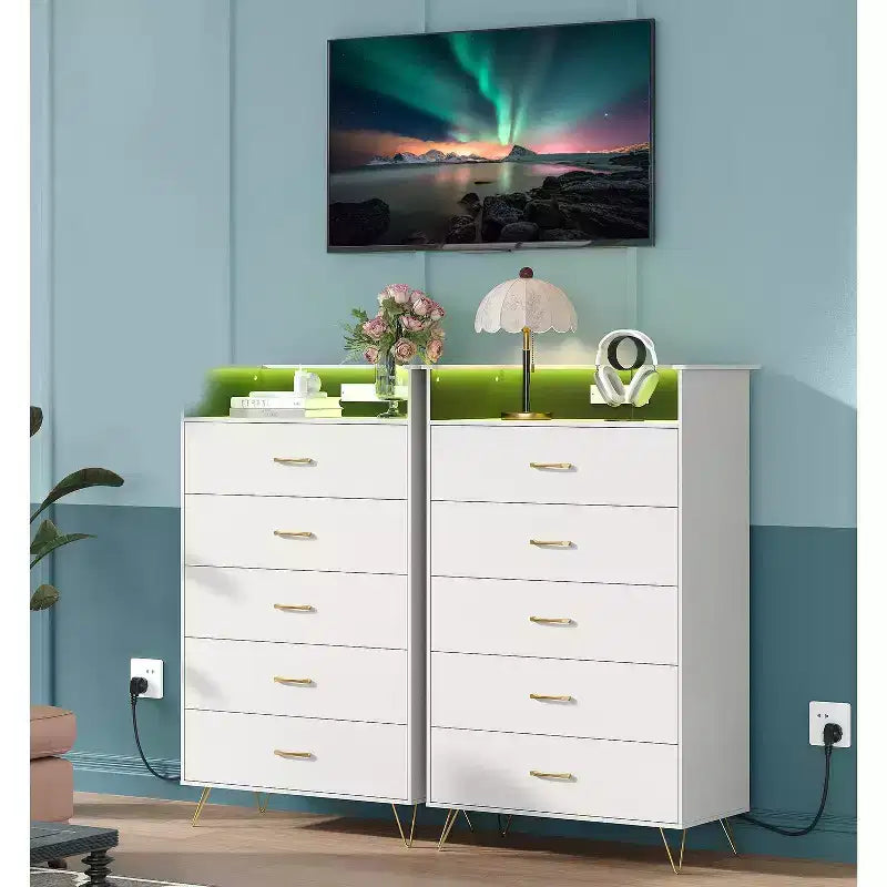 Commode haute moderne à 5 tiroirs - Commode en bois, glissières silencieuses - Armoire de rangement spacieuse pour chambre à coucher, robuste anti-basculement