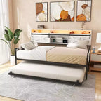 Zevemomo Farmhouse Twin Daybed Frame with Trundle, Sliding Barn Door Headboard, Charging Station & LED Light For Bedroom, White