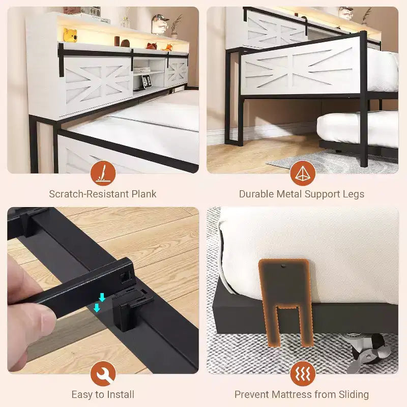 Cadre de lit de repos double Zevemomo Farmhouse avec lit gigogne, tête de lit coulissante de style grange, station de charge et lumière LED pour chambre, blanc