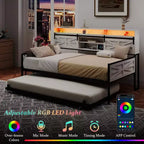 Cadre de lit de repos double Zevemomo Farmhouse avec lit gigogne, tête de lit coulissante de style grange, station de charge et lumière LED pour chambre, blanc