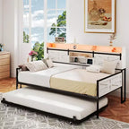 Cadre de lit de repos double Zevemomo Farmhouse avec lit gigogne, tête de lit coulissante de style grange, station de charge et lumière LED pour chambre, blanc