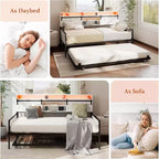 Cadre de lit de repos double Zevemomo Farmhouse avec lit gigogne, tête de lit coulissante de style grange, station de charge et lumière LED pour chambre, blanc