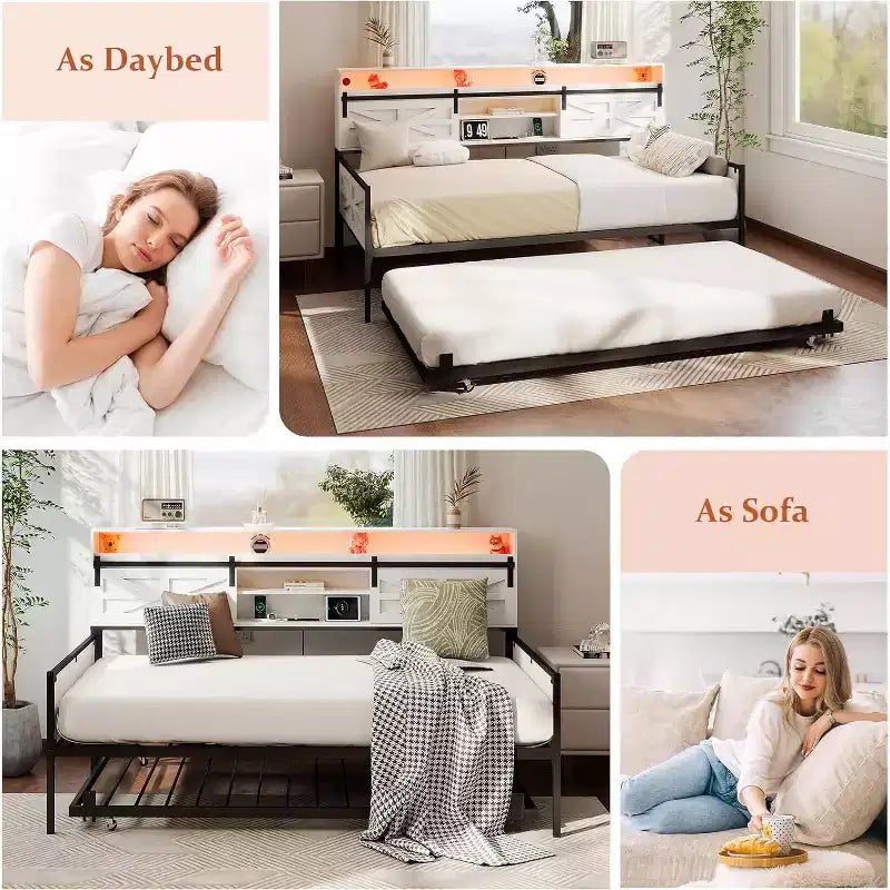 Cadre de lit de repos double Zevemomo Farmhouse avec lit gigogne, tête de lit coulissante de style grange, station de charge et lumière LED pour chambre, blanc