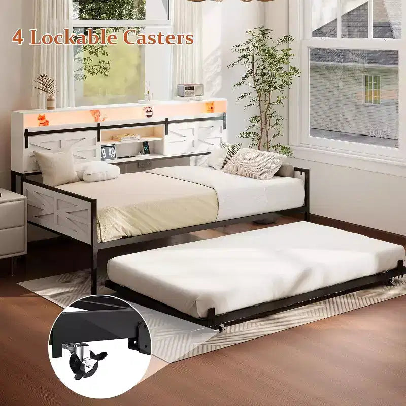 Cadre de lit de repos double Zevemomo Farmhouse avec lit gigogne, tête de lit coulissante de style grange, station de charge et lumière LED pour chambre, blanc
