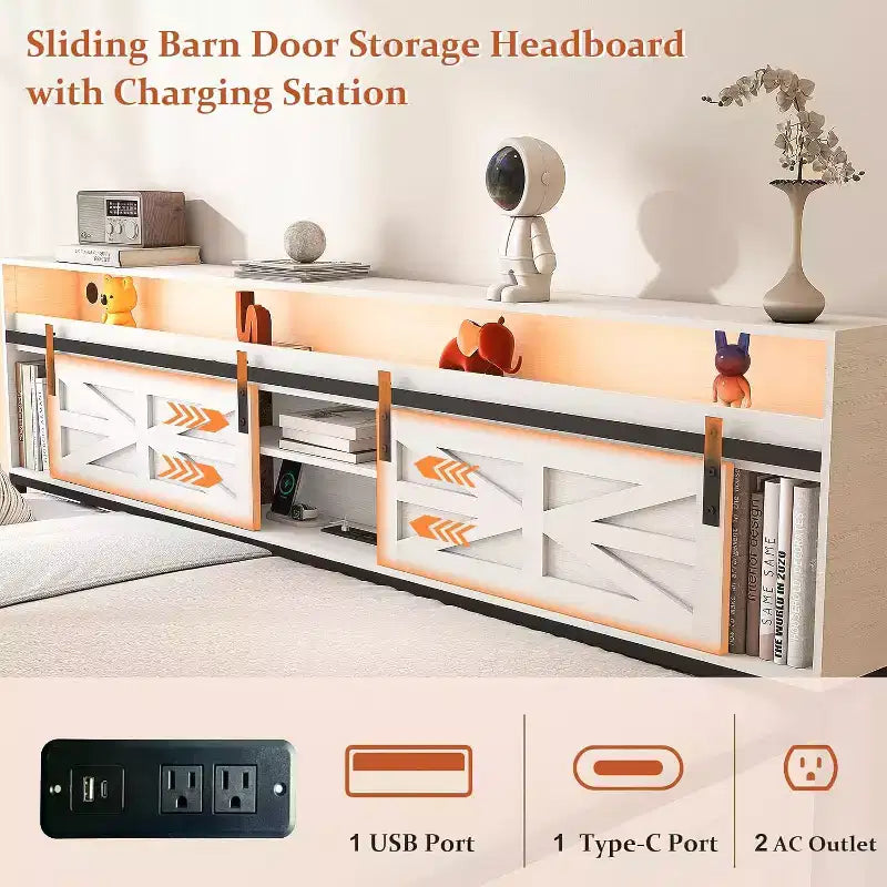 Cadre de lit de repos double Zevemomo Farmhouse avec lit gigogne, tête de lit coulissante de style grange, station de charge et lumière LED pour chambre, blanc