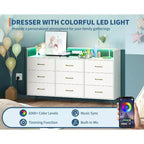 Commode haute moderne à 9 tiroirs de 160 cm avec lumières contrôlées par application et station de charge (3 prises/2 USB), grand meuble de rangement pour chambre, salon