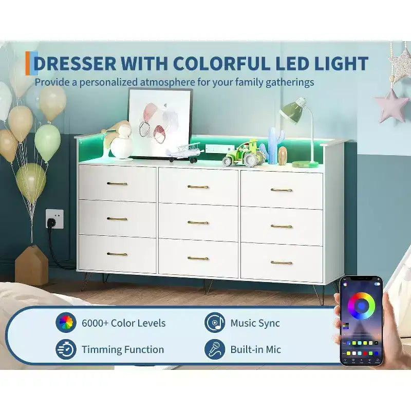 Commode haute moderne à 9 tiroirs de 160 cm avec lumières contrôlées par application et station de charge (3 prises/2 USB), grand meuble de rangement pour chambre, salon