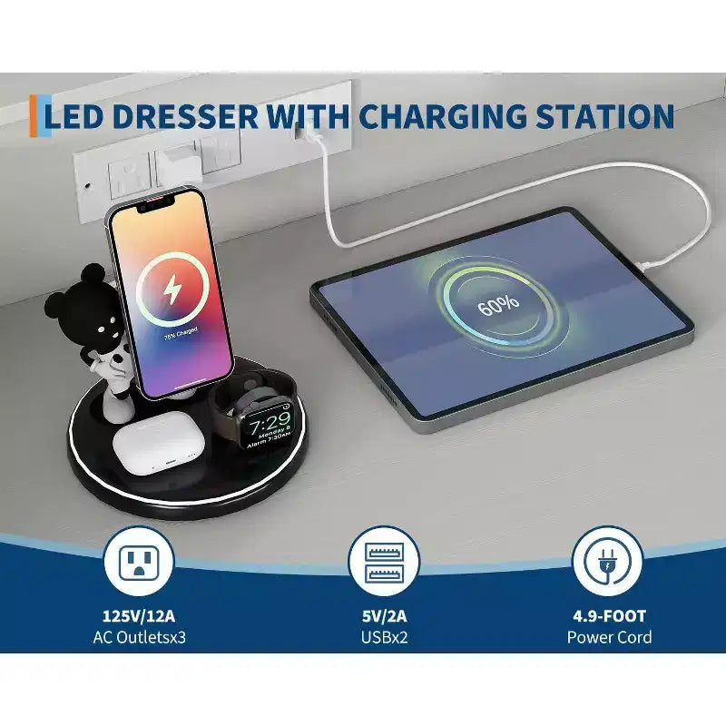 Commode haute moderne à 9 tiroirs de 160 cm avec lumières contrôlées par application et station de charge (3 prises/2 USB), grand meuble de rangement pour chambre, salon