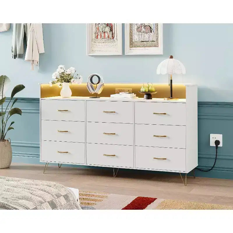 Commode haute moderne à 9 tiroirs de 160 cm avec lumières contrôlées par application et station de charge (3 prises/2 USB), grand meuble de rangement pour chambre, salon