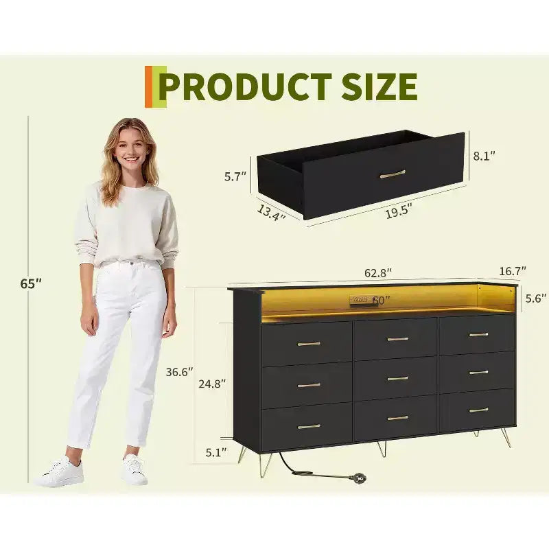 Commode haute moderne à 9 tiroirs de 160 cm avec lumières contrôlées par application et station de charge (3 prises/2 USB), grand meuble de rangement pour chambre, salon