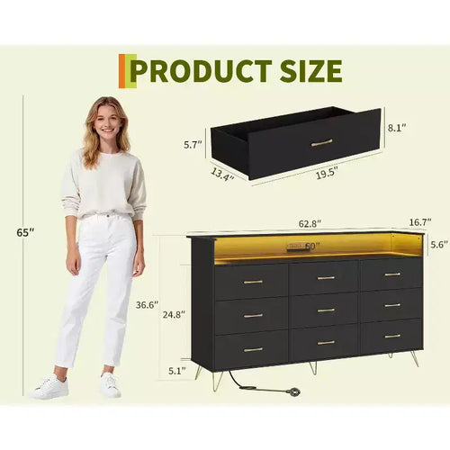 Commode haute moderne à 9 tiroirs de 160 cm avec lumières contrôlées par application et station de charge (3 prises/2 USB), grand meuble de rangement pour chambre, salon