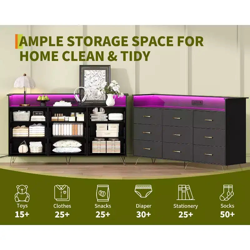 Commode haute moderne à 9 tiroirs de 160 cm avec lumières contrôlées par application et station de charge (3 prises/2 USB), grand meuble de rangement pour chambre, salon