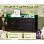 Commode haute moderne à 9 tiroirs de 160 cm avec lumières contrôlées par application et station de charge (3 prises/2 USB), grand meuble de rangement pour chambre, salon