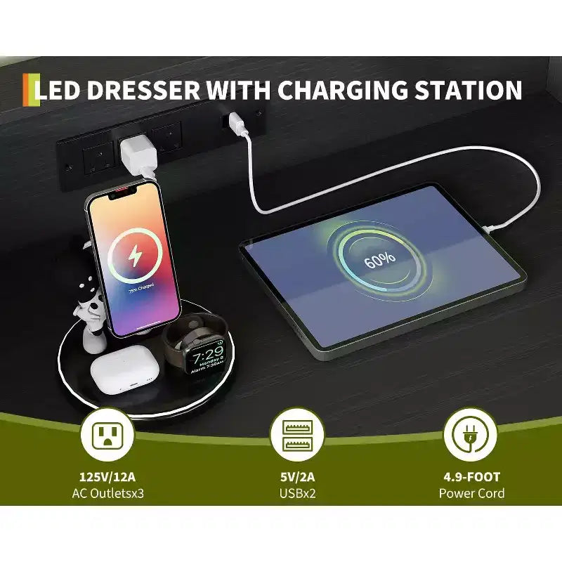 Commode haute moderne à 9 tiroirs de 160 cm avec lumières contrôlées par application et station de charge (3 prises/2 USB), grand meuble de rangement pour chambre, salon