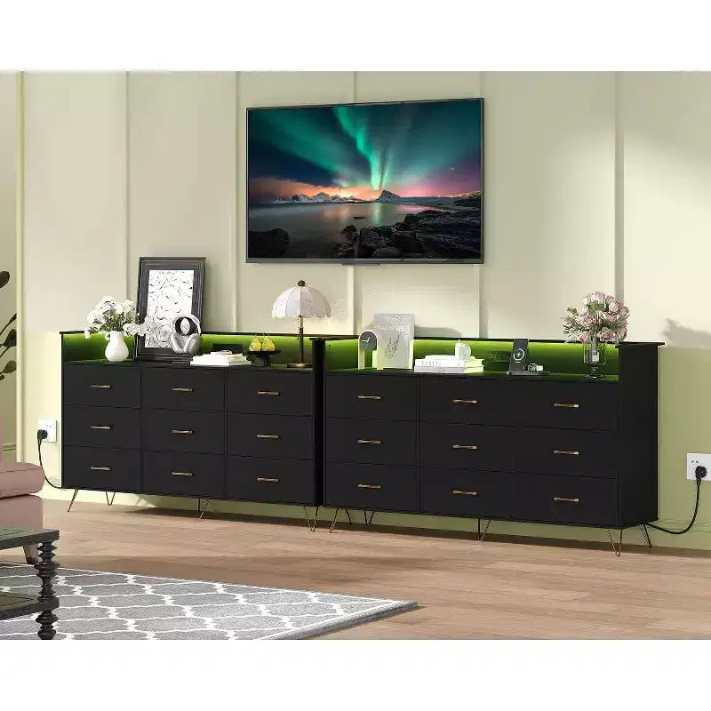 Commode haute moderne à 9 tiroirs de 160 cm avec lumières contrôlées par application et station de charge (3 prises/2 USB), grand meuble de rangement pour chambre, salon